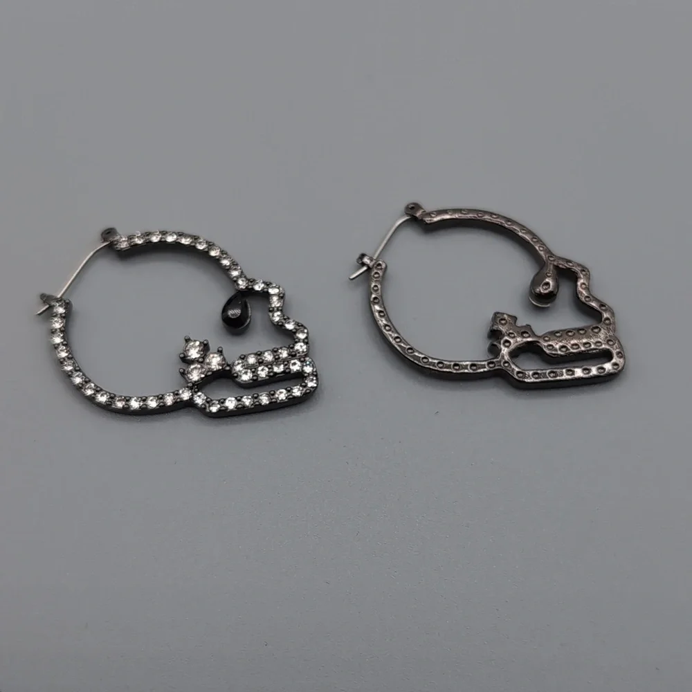 NWOT Dark Steel Toned Bejeweled Skull Earrings With Black Stone Eye - Picture 7 of 8